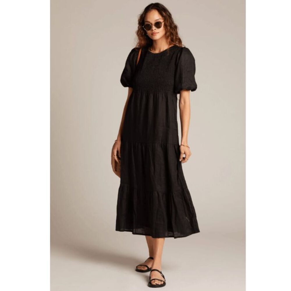 Faithfull the Brand Alberte Linen Black Puff Sleeve Midi Dress Smocked Size 4‎